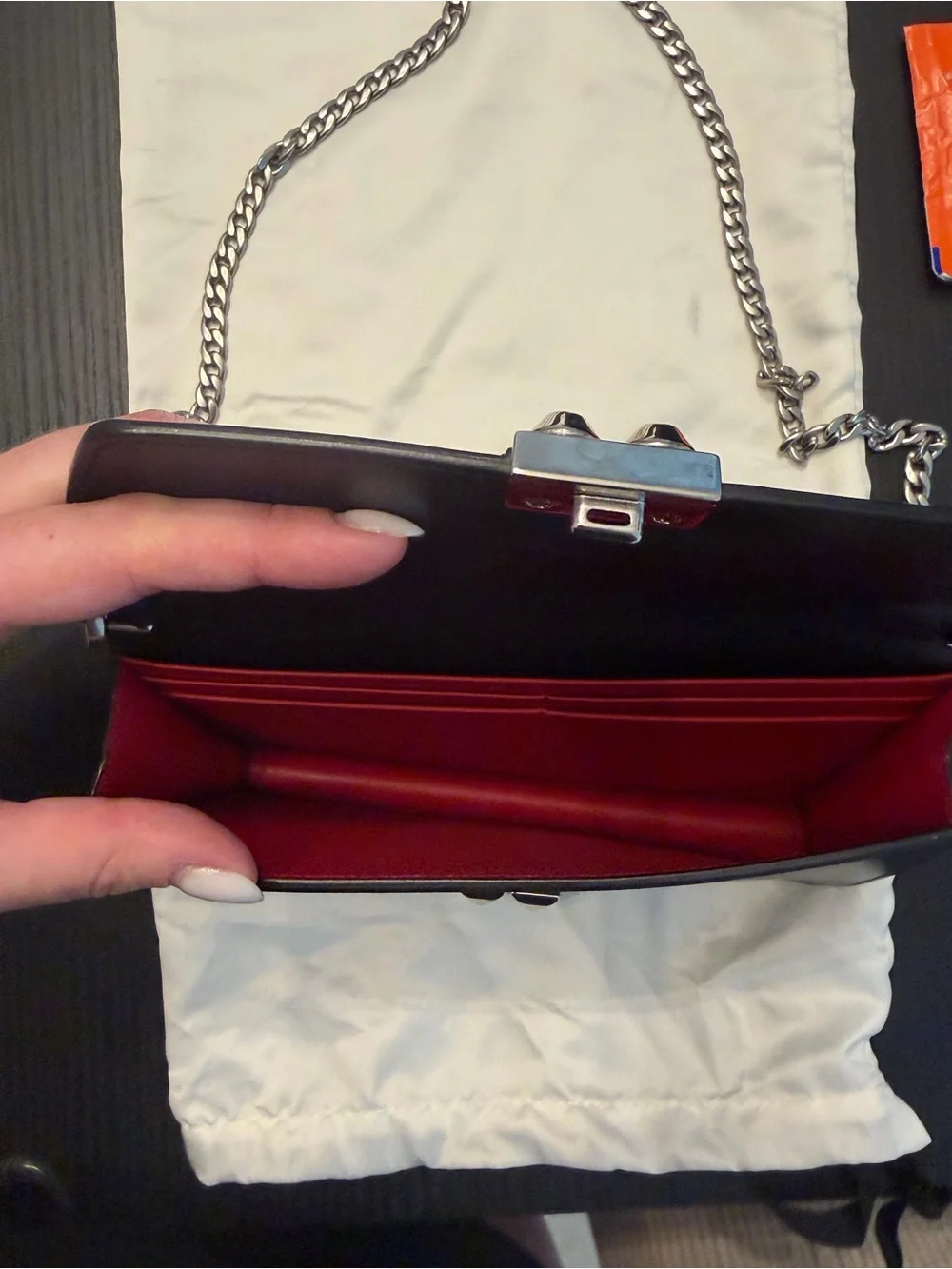 Prada Elektra Black Leather Wallet with Red Stud-Trim and chain, 100% authentic